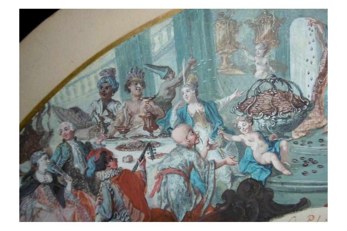 Le théatre du monde au palais de Plutus, feuilles d' éventails XVIIIème