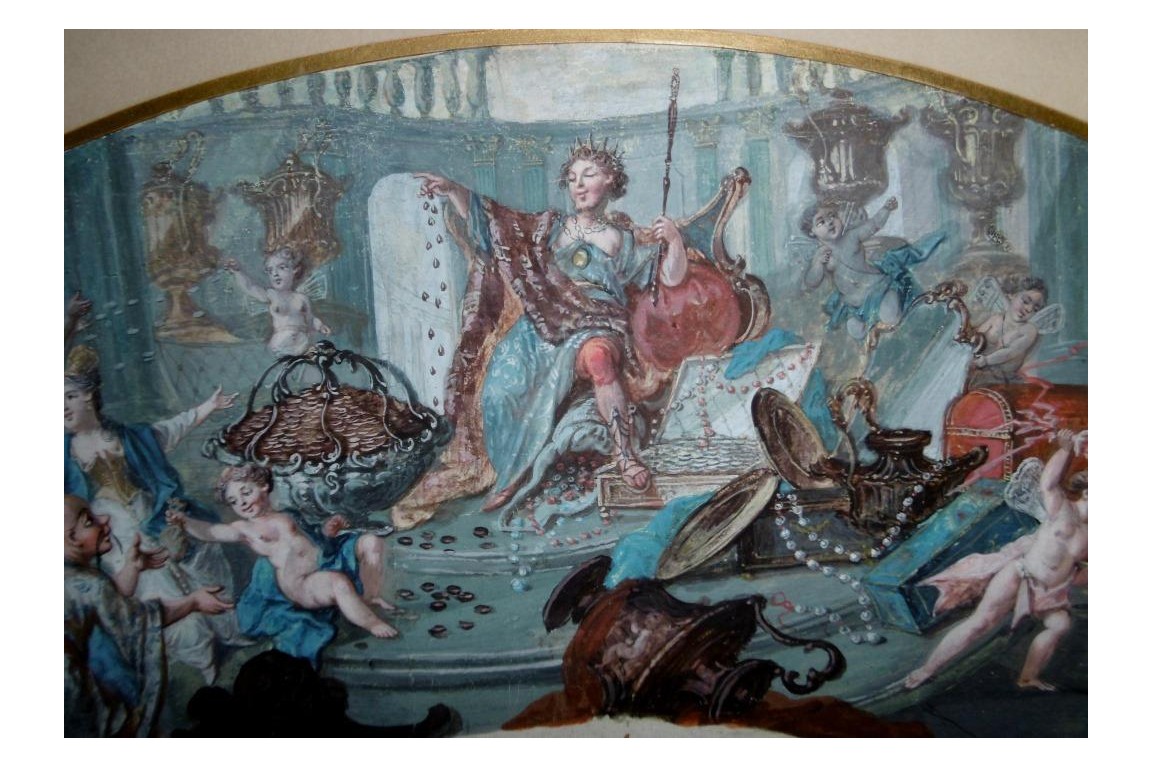 Le théatre du monde au palais de Plutus, feuilles d' éventails XVIIIème