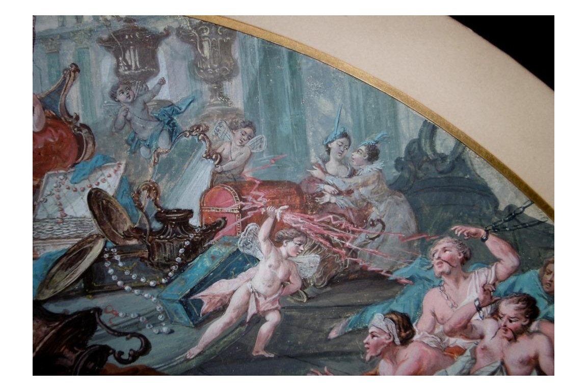Le théatre du monde au palais de Plutus, feuilles d' éventails XVIIIème