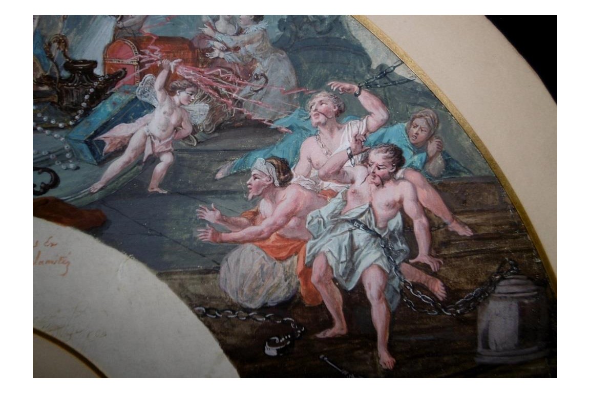 Le théatre du monde au palais de Plutus, feuilles d' éventails XVIIIème