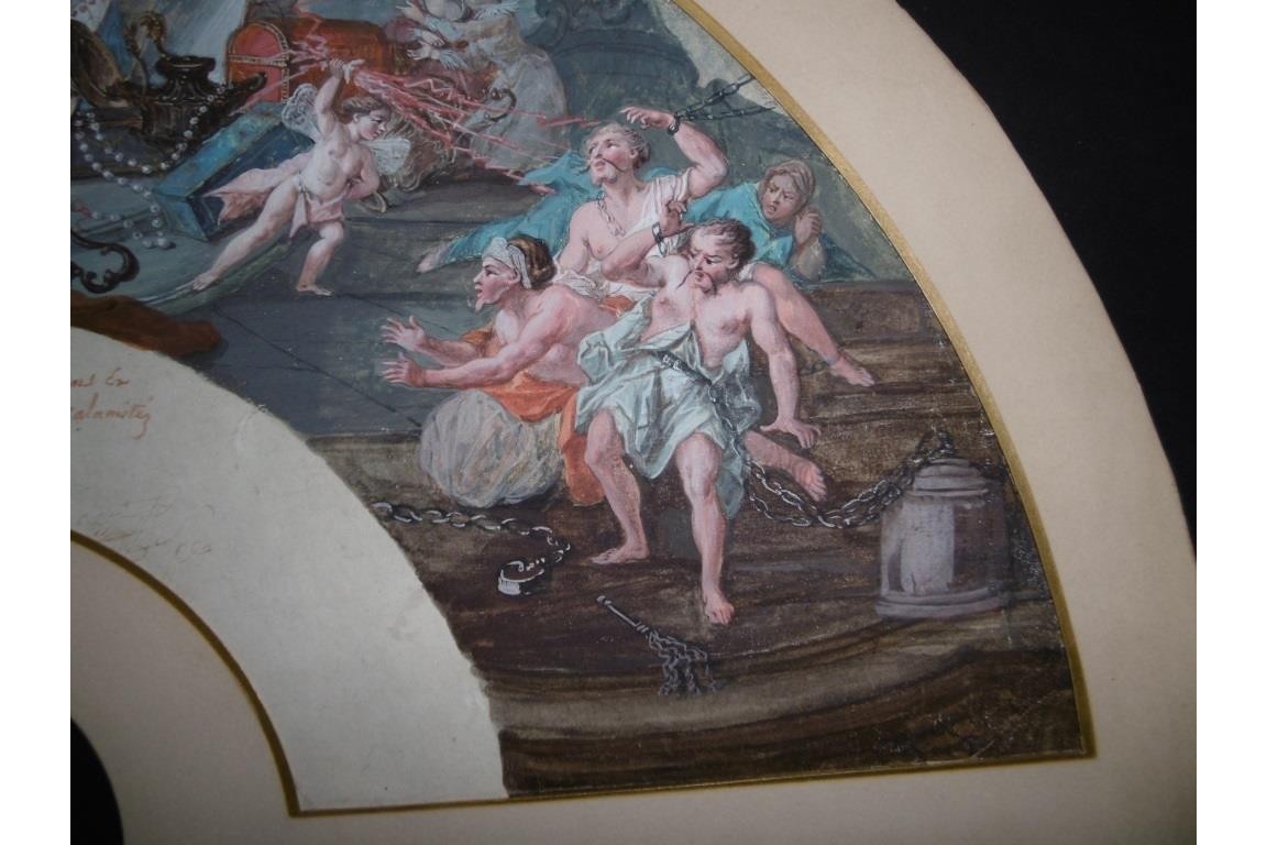 Le théatre du monde au palais de Plutus, feuilles d' éventails XVIIIème