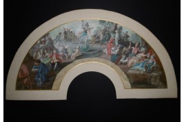 Le théatre du monde au palais de Plutus, feuilles d' éventails XVIIIème