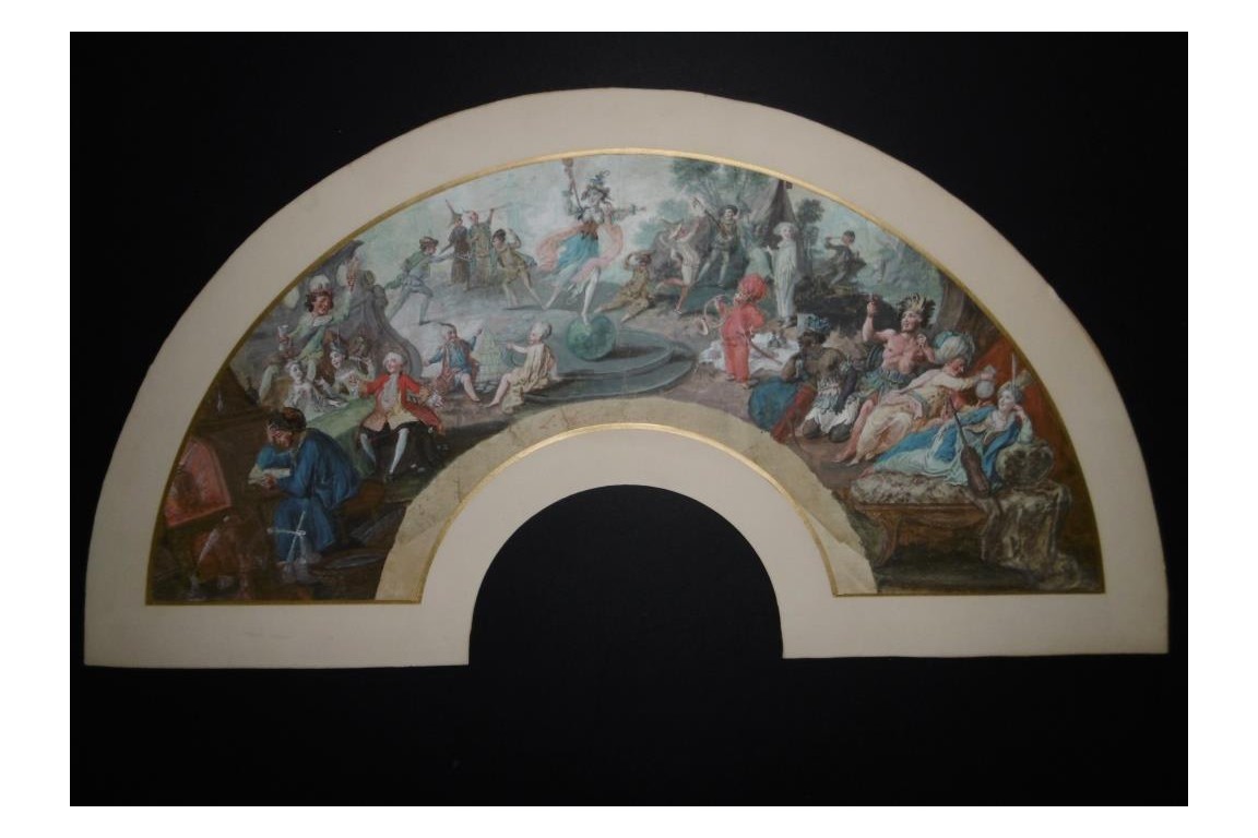 Le théatre du monde au palais de Plutus, feuilles d' éventails XVIIIème