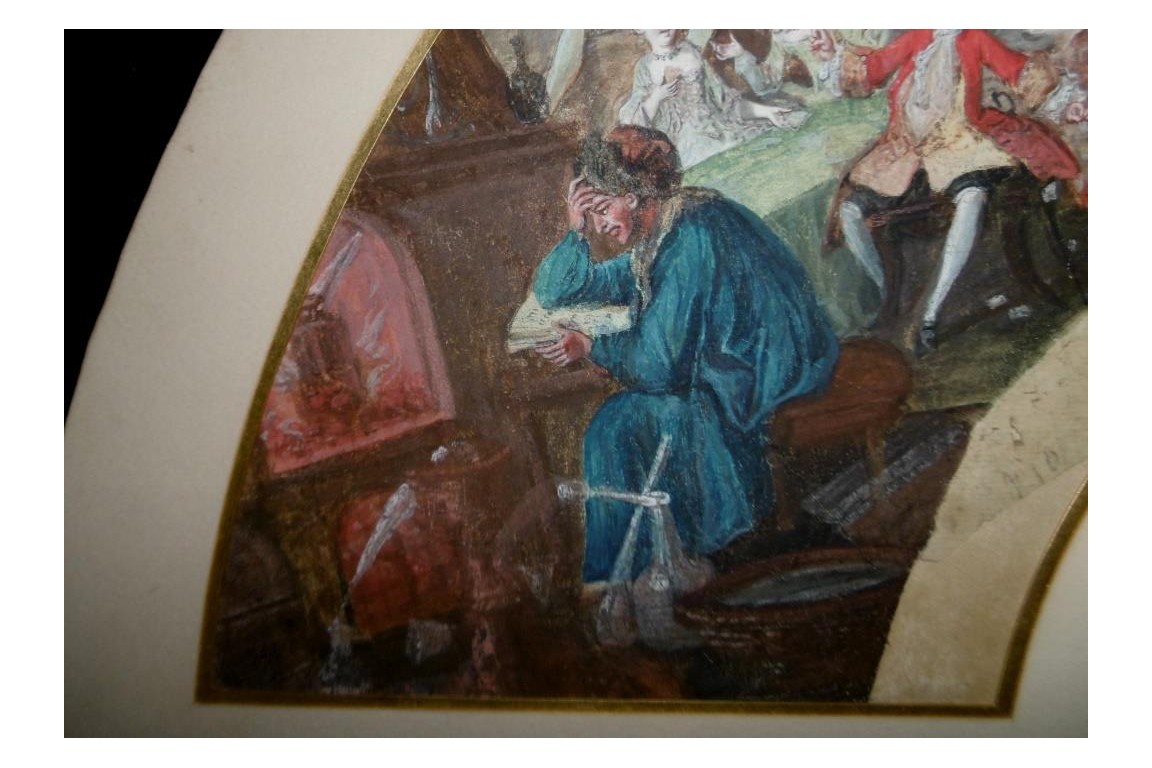 Le théatre du monde au palais de Plutus, feuilles d' éventails XVIIIème
