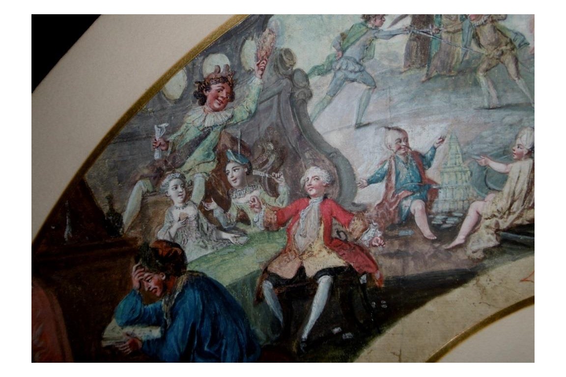 Le théatre du monde au palais de Plutus, feuilles d' éventails XVIIIème