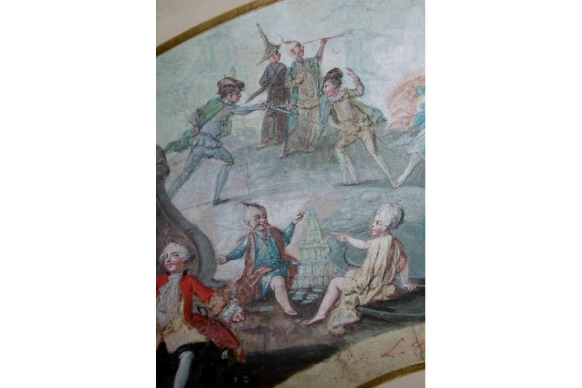Le théatre du monde au palais de Plutus, feuilles d' éventails XVIIIème