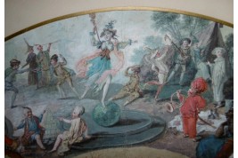 Le théatre du monde au palais de Plutus, feuilles d' éventails XVIIIème