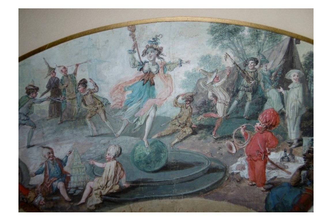 Le théatre du monde au palais de Plutus, feuilles d' éventails XVIIIème