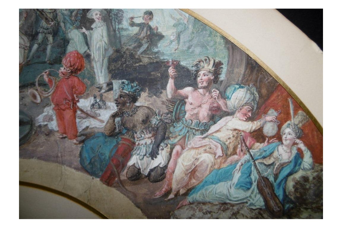 Le théatre du monde au palais de Plutus, feuilles d' éventails XVIIIème