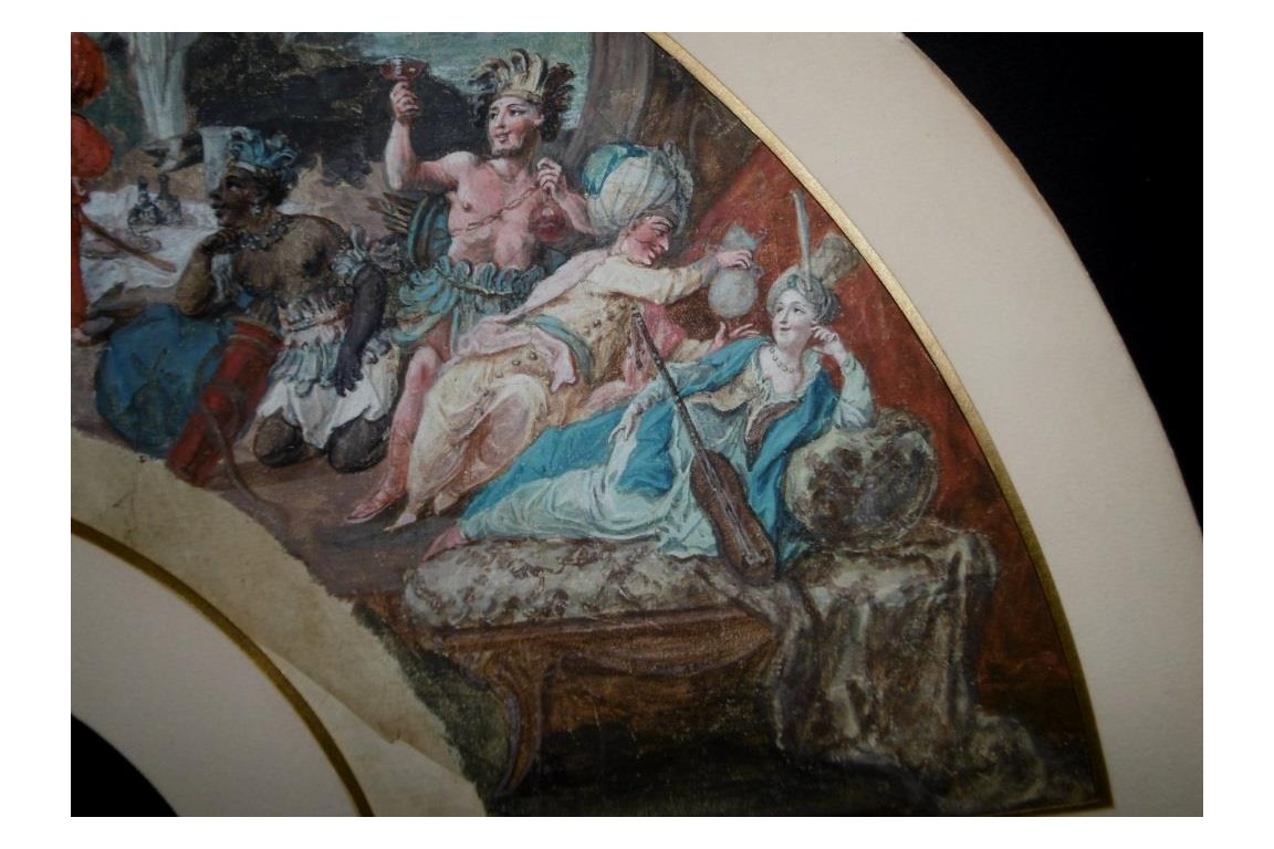 Le théatre du monde au palais de Plutus, feuilles d' éventails XVIIIème