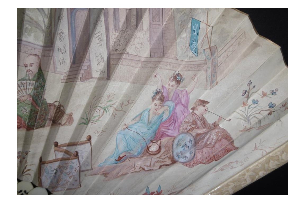 Le marchand de nouveautés en Chine, éventail XIXème siècle