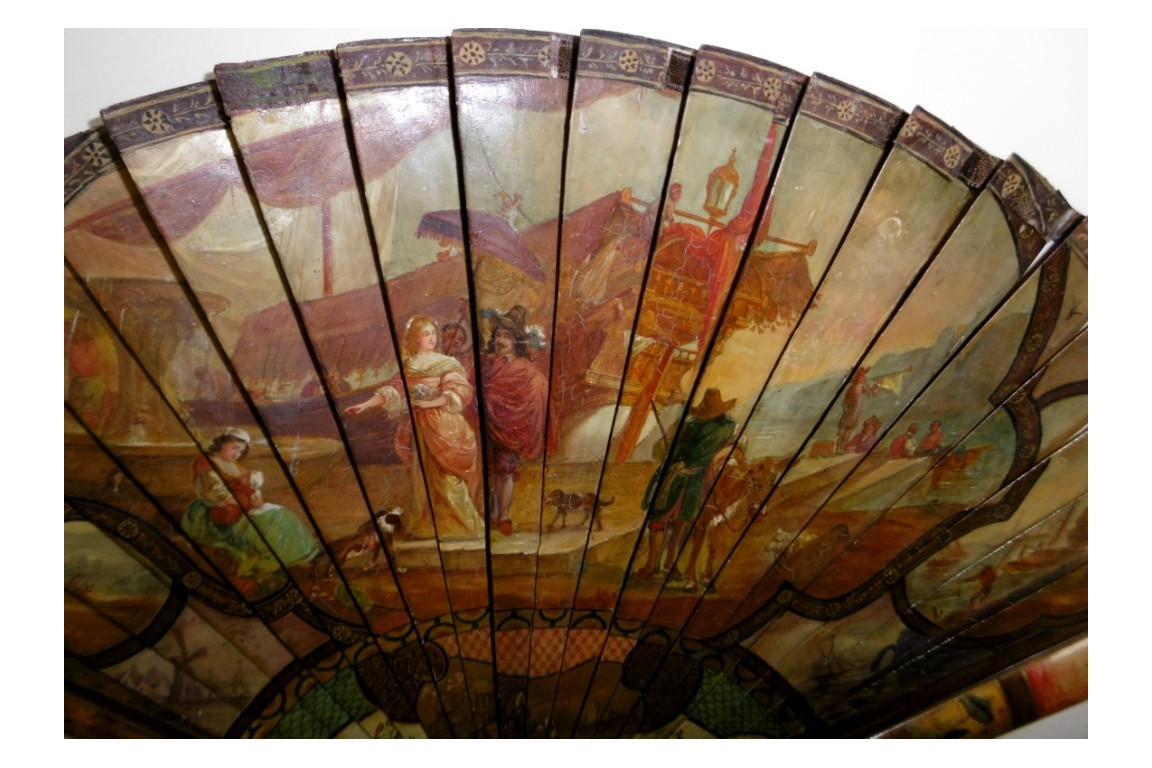 Nobles arriving at the port, late 19th century fan. Spain ?