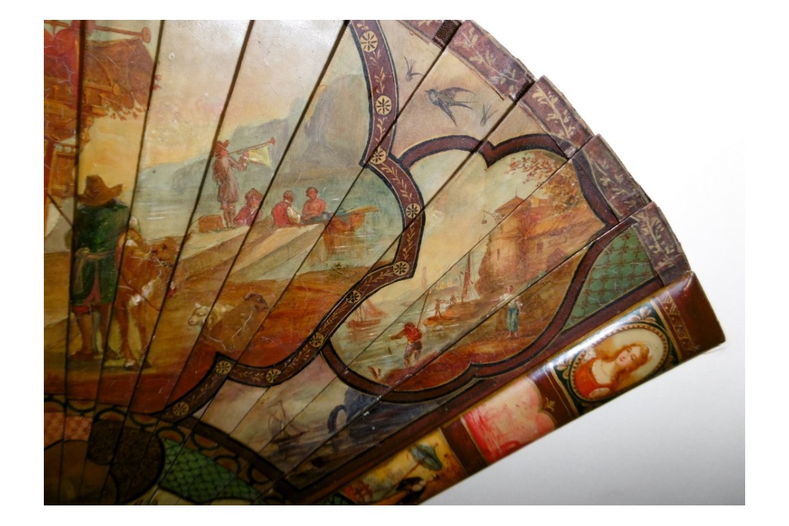 Nobles arriving at the port, late 19th century fan. Spain ?