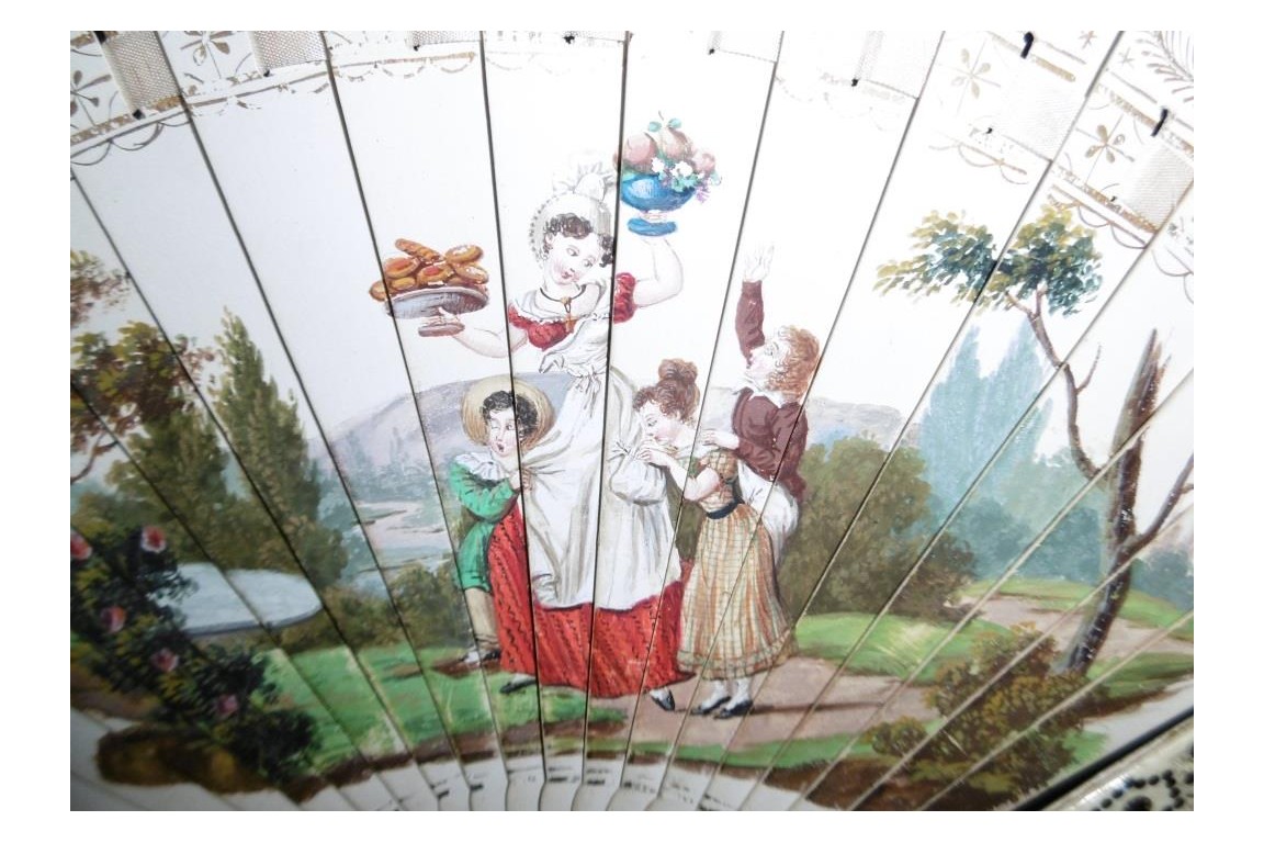 Snack time, dance card fan, circa 1820-30
