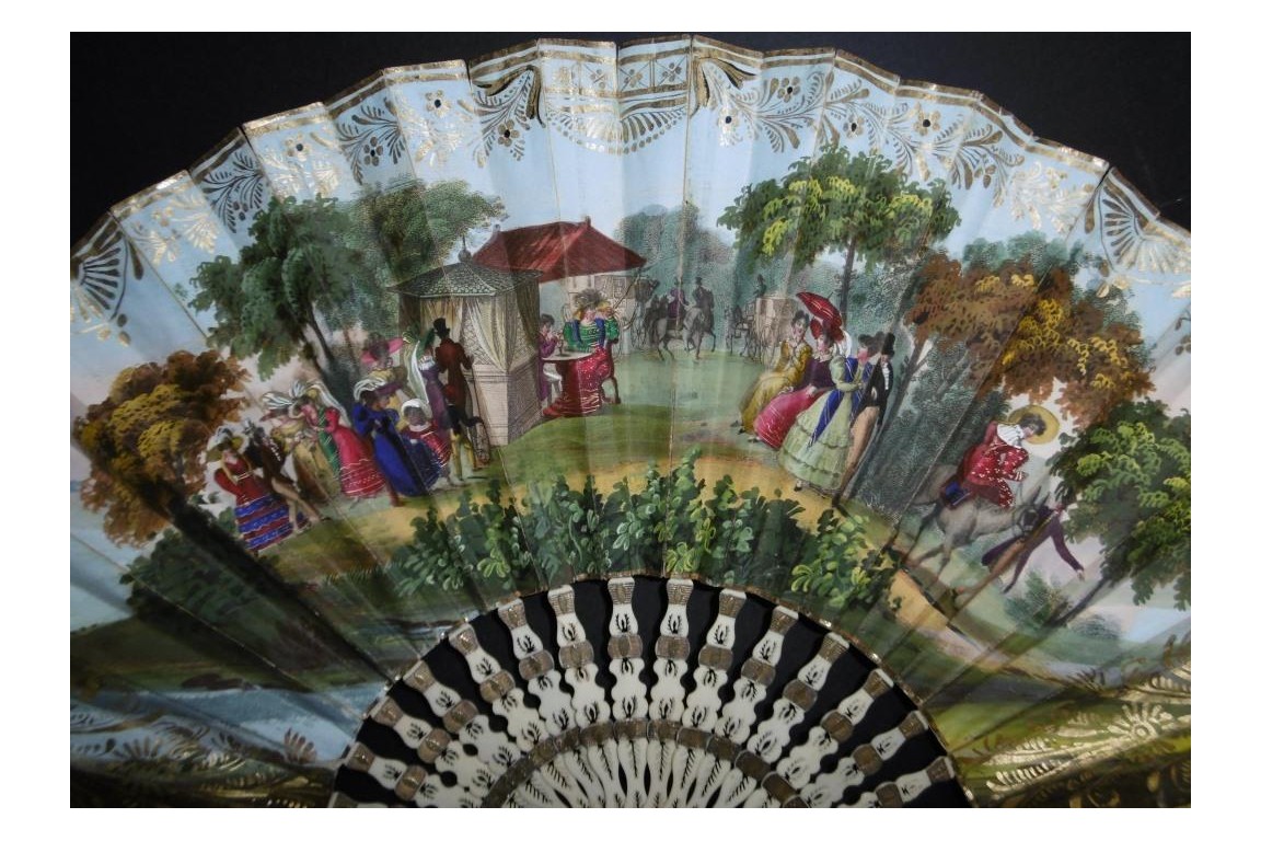 Skating in winter and socializing in summer, fan circa 1830