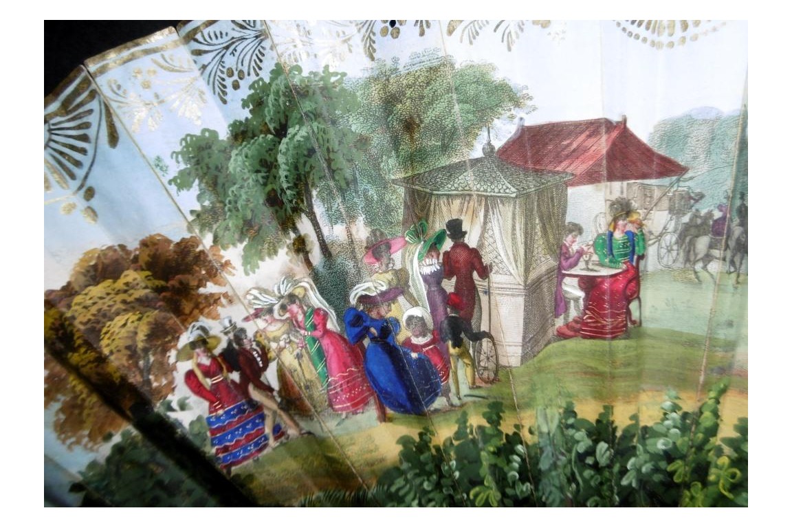Patinage l'hiver et mondanités l'été, éventail vers 1830