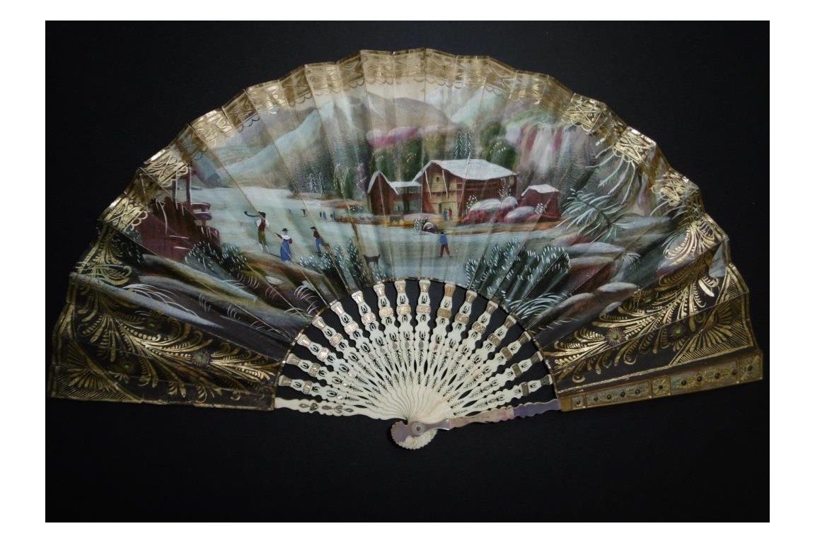 Skating in winter and socializing in summer, fan circa 1830