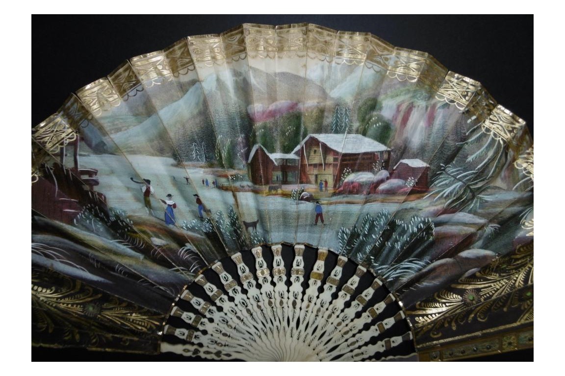 Patinage l'hiver et mondanités l'été, éventail vers 1830
