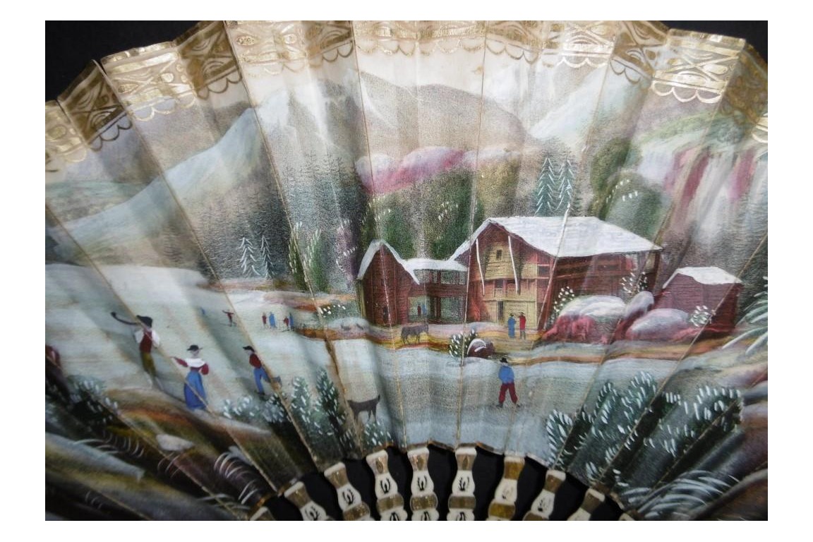 Patinage l'hiver et mondanités l'été, éventail vers 1830