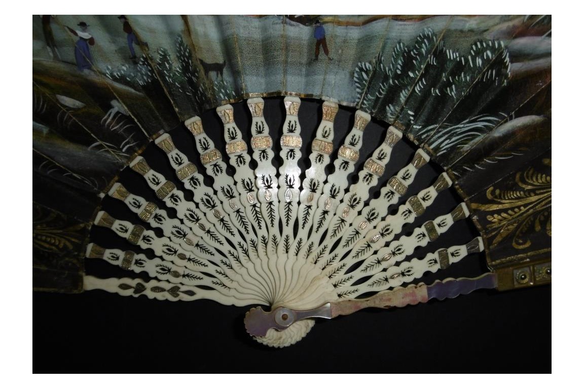 Skating in winter and socializing in summer, fan circa 1830