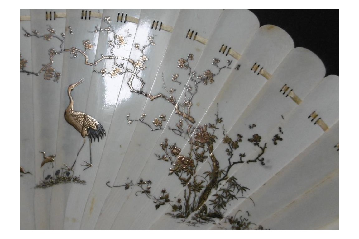 Flowers and herons, Japanese fan, 19th century