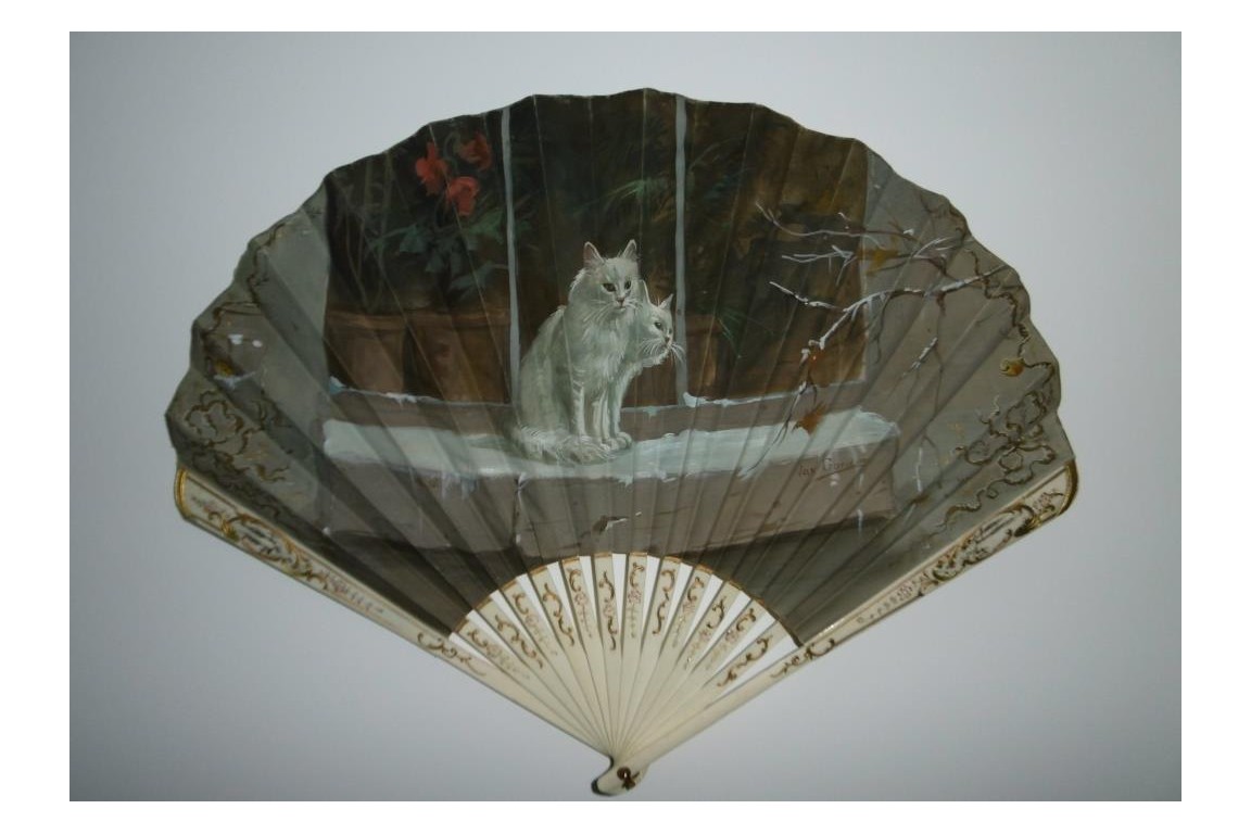 Chats de Noël, éventail de Van Garden et Duvelleroy vers 1900