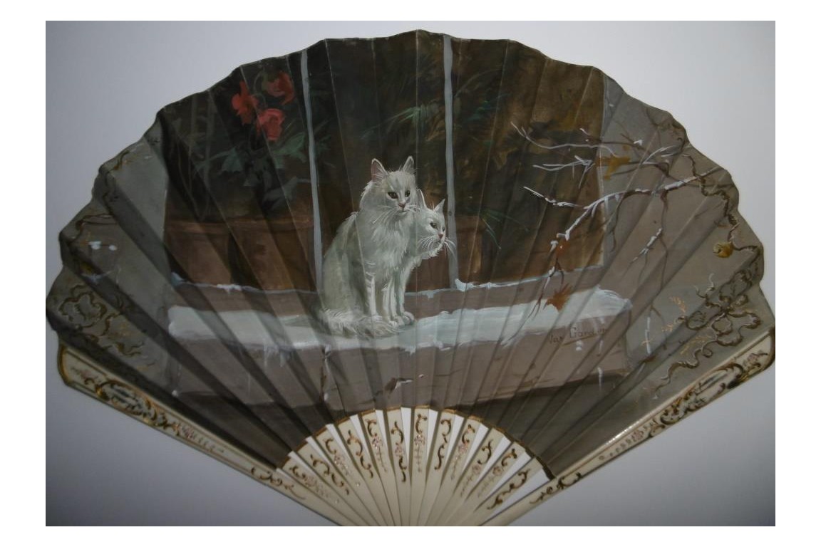 Chats de Noël, éventail de Van Garden et Duvelleroy vers 1900