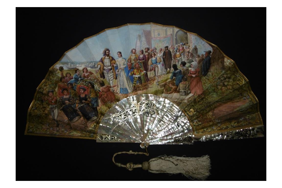 Mariage et réjouissance à la renaissance, éventail de Méjanel fin XIXème