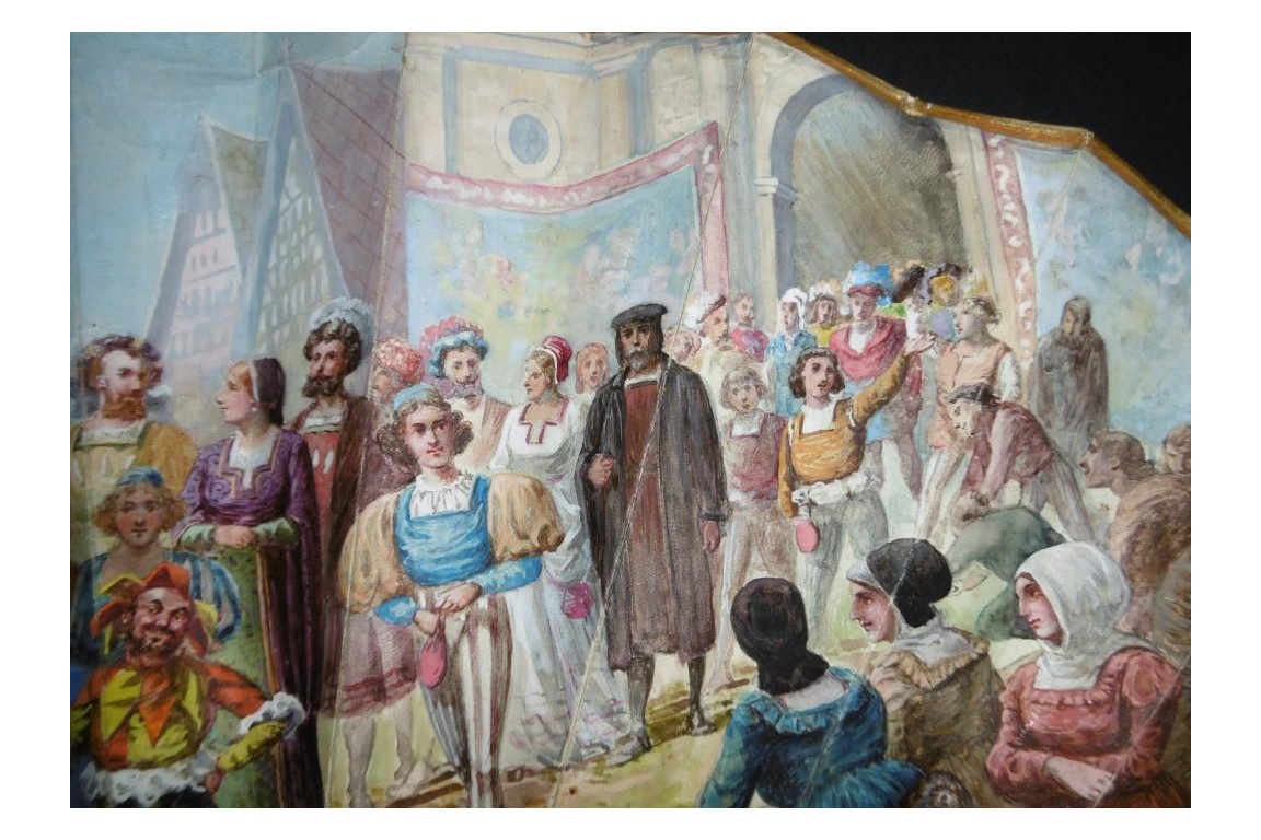 Mariage et réjouissance à la renaissance, éventail de Méjanel fin XIXème