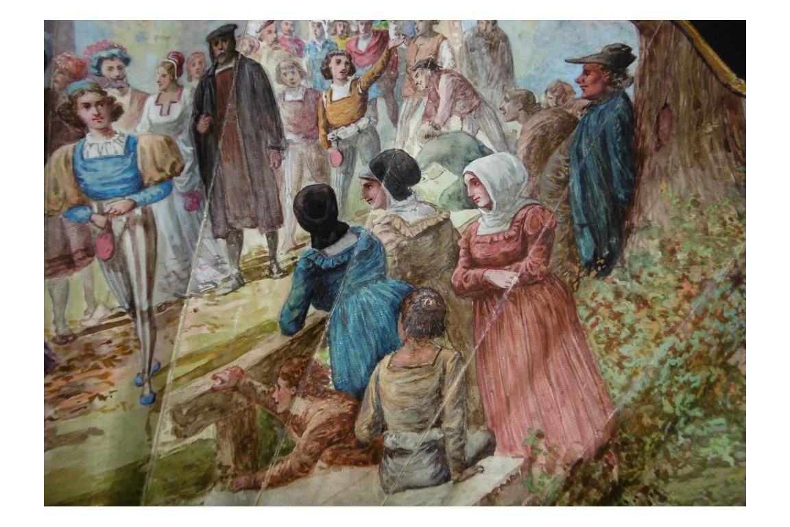 Mariage et réjouissance à la renaissance, éventail de Méjanel fin XIXème