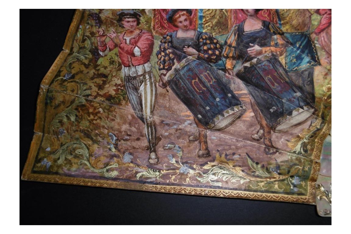 Mariage et réjouissance à la renaissance, éventail de Méjanel fin XIXème