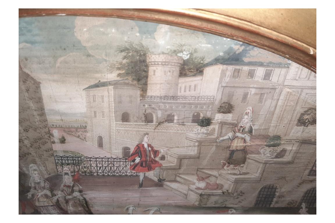 Basse-cour du château, feuille d'éventail XVIIème siècle