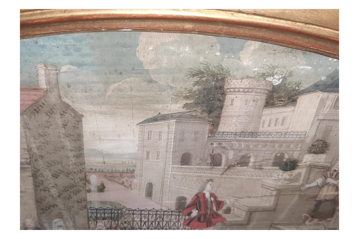 Basse-cour du château, feuille d'éventail XVIIème siècle