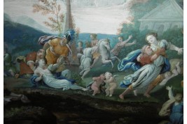 L'enlèvement des Sabines, éventail au rectangle fin XVII début XVIIIème siècle