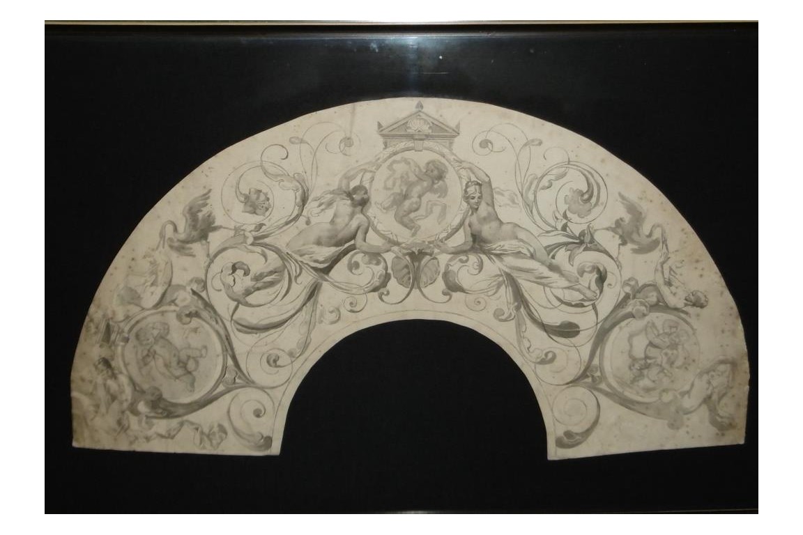 Projet de décor aux femmes et amours, feuille d'éventail XIXème siècle