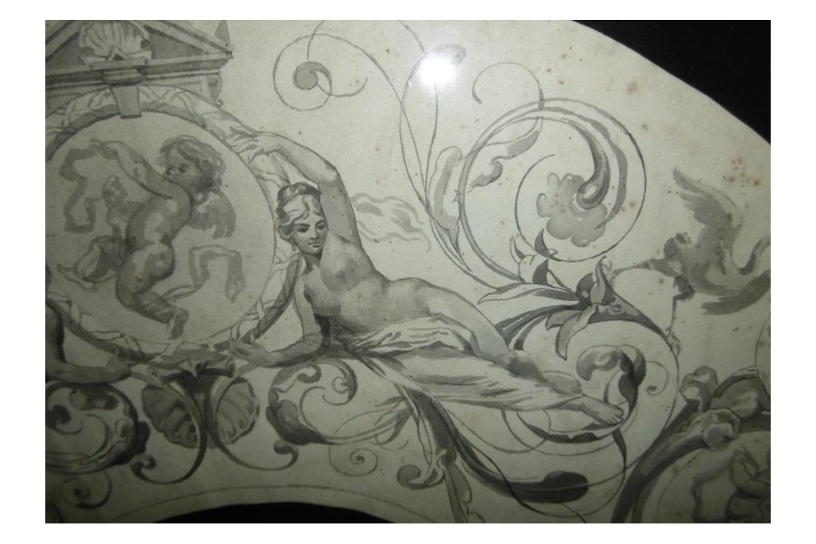 Projet de décor aux femmes et amours, feuille d'éventail XIXème siècle