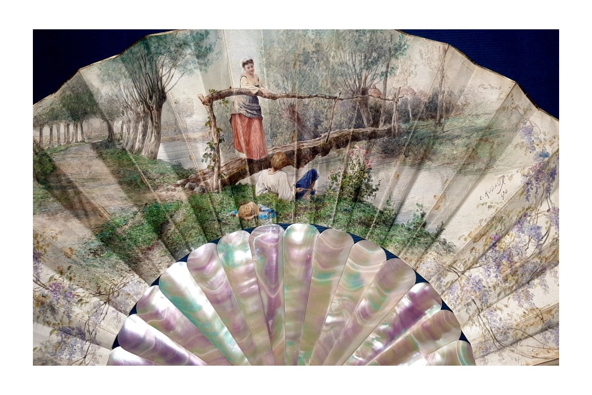 Lovers in the wisteria, fan by Rudaux, 1890