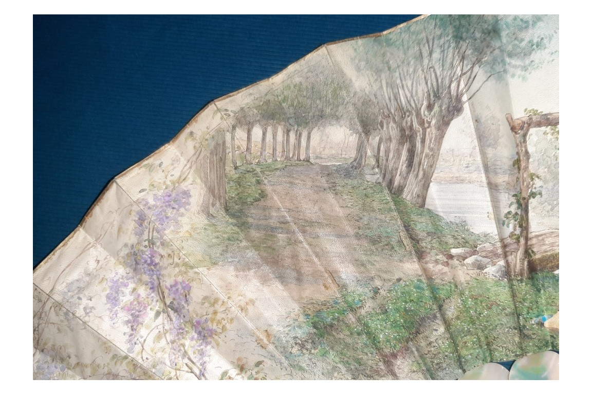 Lovers in the wisteria, fan by Rudaux, 1890