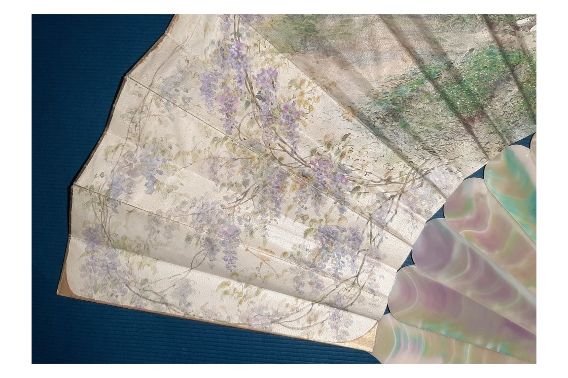 Lovers in the wisteria, fan by Rudaux, 1890