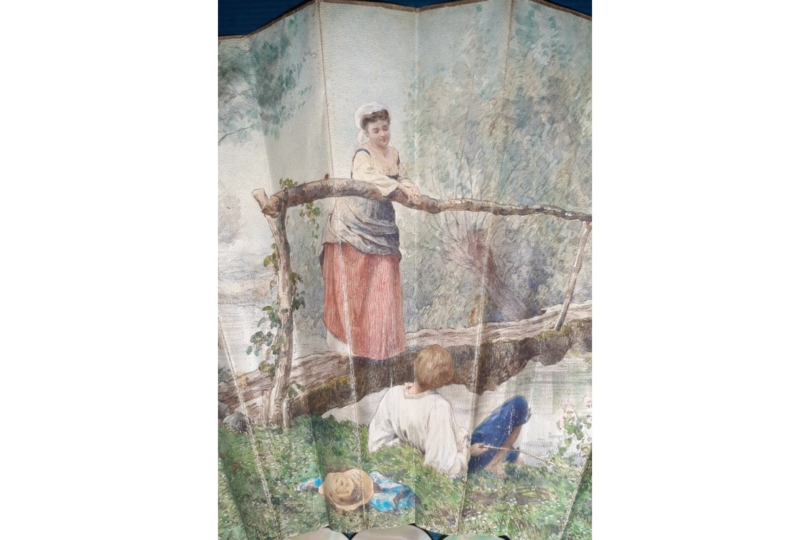 Lovers in the wisteria, fan by Rudaux, 1890