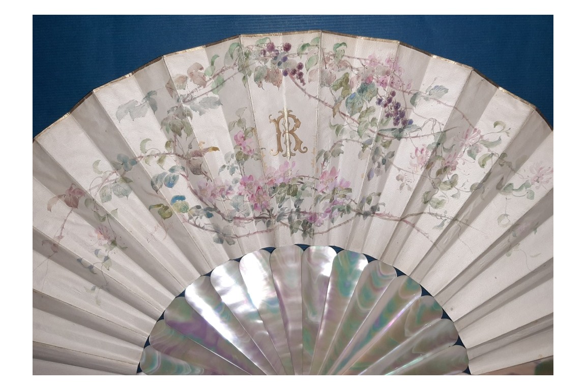 Lovers in the wisteria, fan by Rudaux, 1890