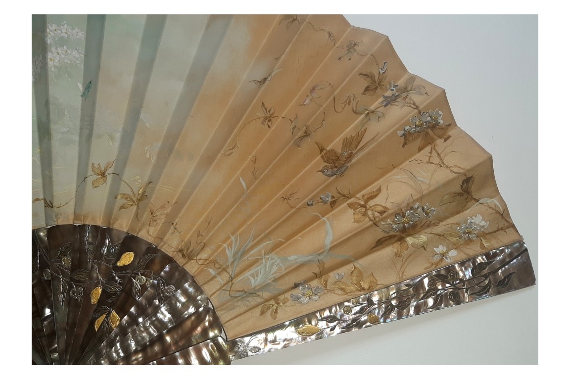 Sparrow and butterfly, fan by Jolivet circa 1890-1900