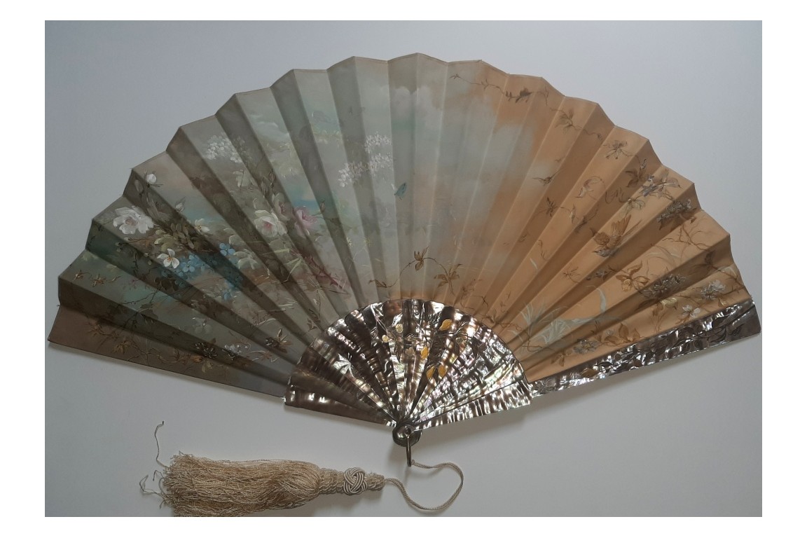 Sparrow and butterfly, fan by Jolivet circa 1890-1900