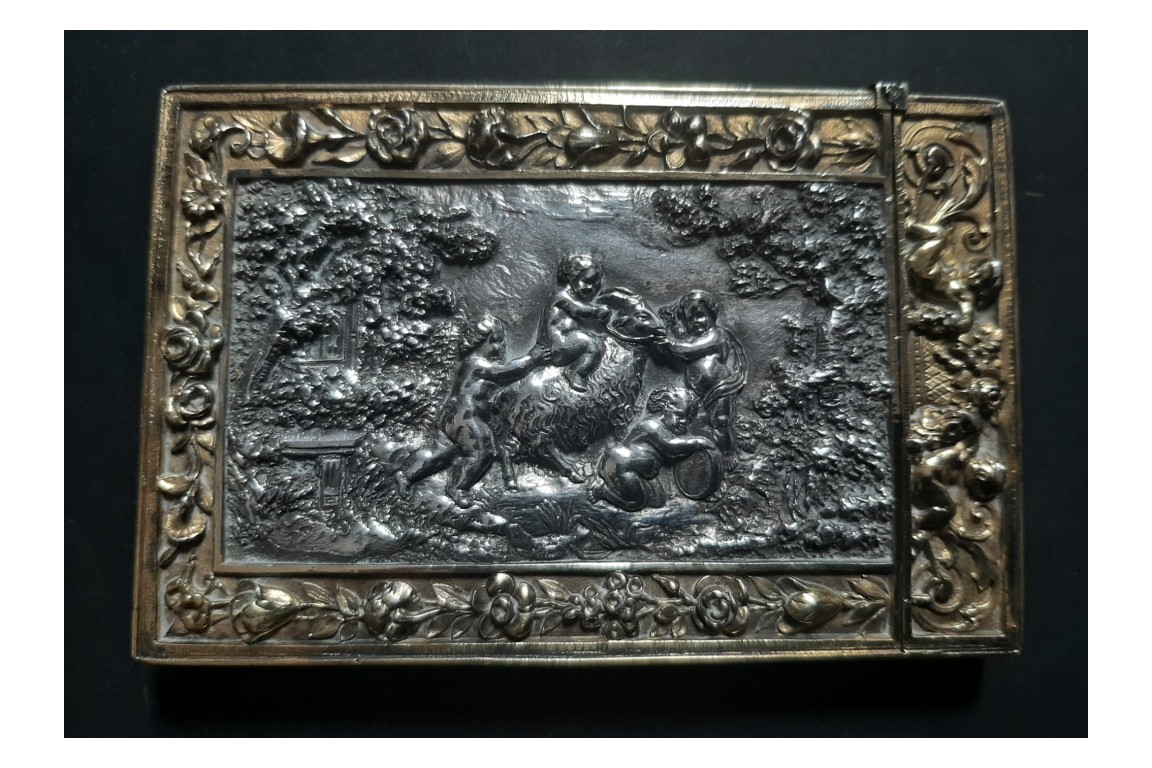 Angels with goat, card case, Elkington, Victorian period