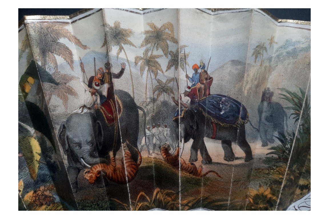 Éléphants chassant le tigre, éventail vers 1850