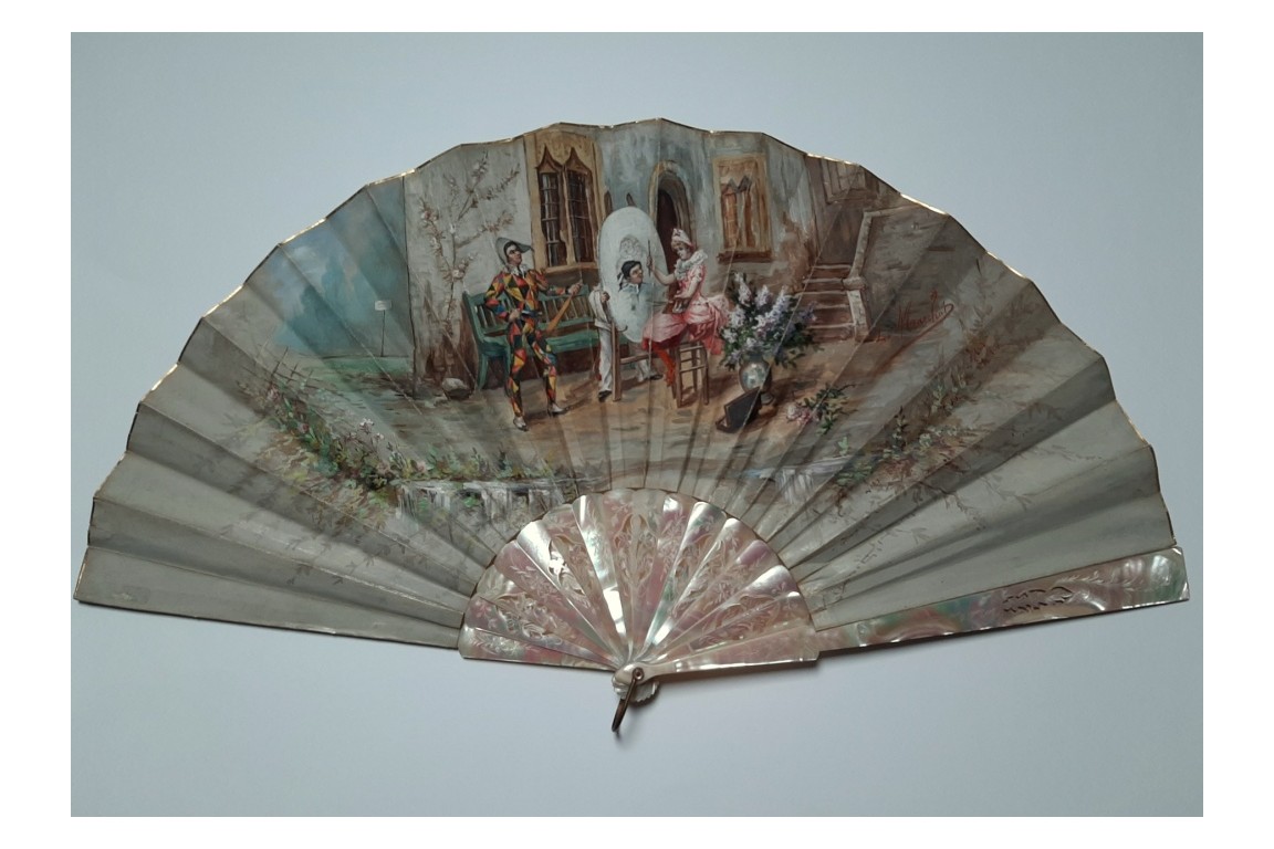 Colombine portraying Harlequin, fan circa 1870-80