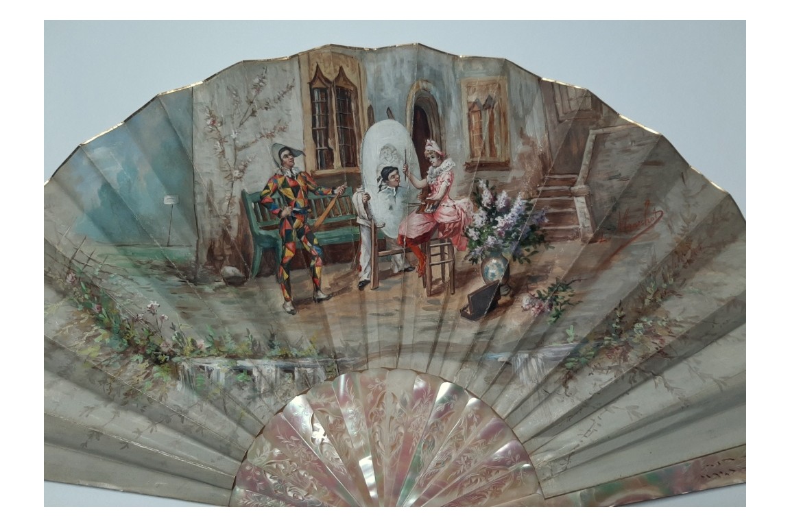 Colombine portraying Harlequin, fan circa 1870-80