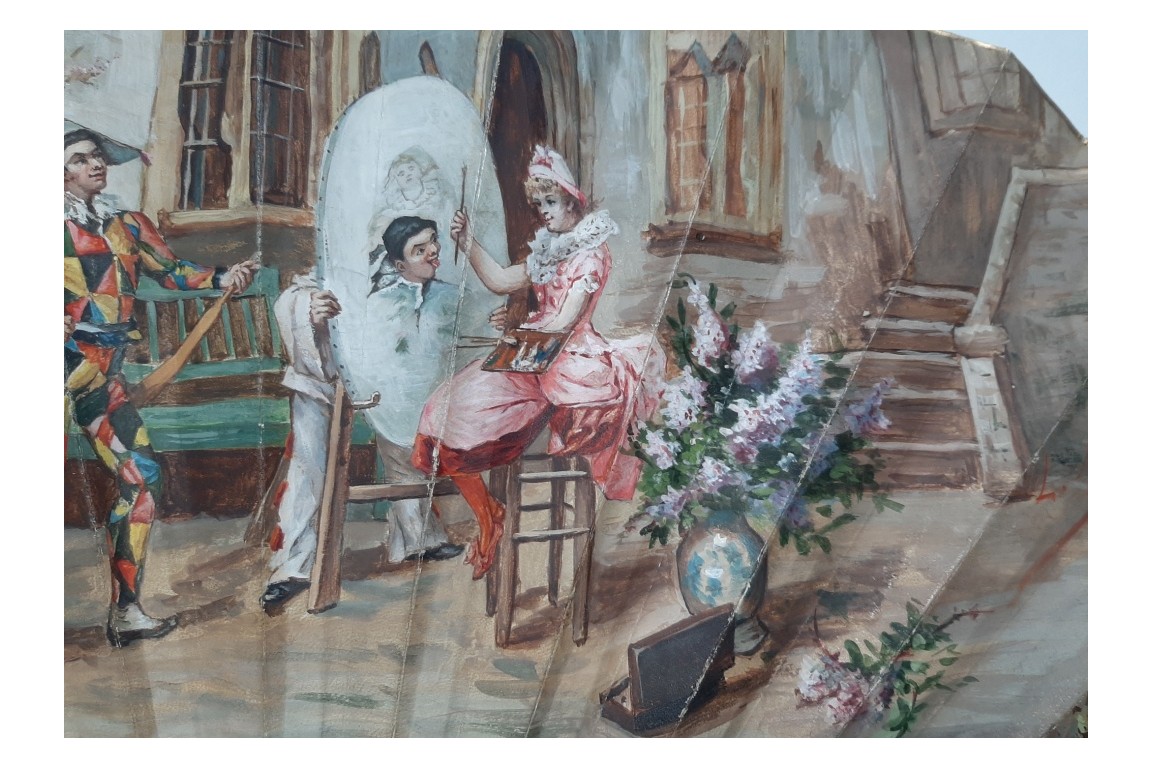 Colombine portraying Harlequin, fan circa 1870-80