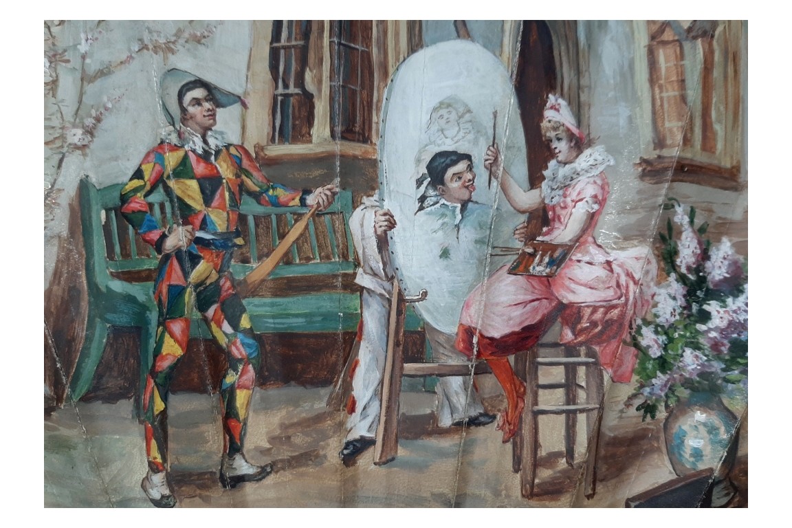 Colombine portraying Harlequin, fan circa 1870-80
