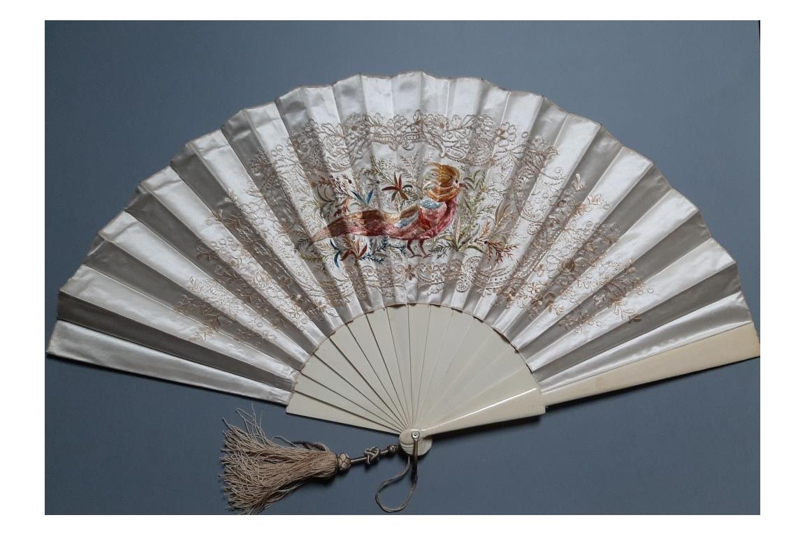 Golden pheasant, embroidered fan circa 1880-90